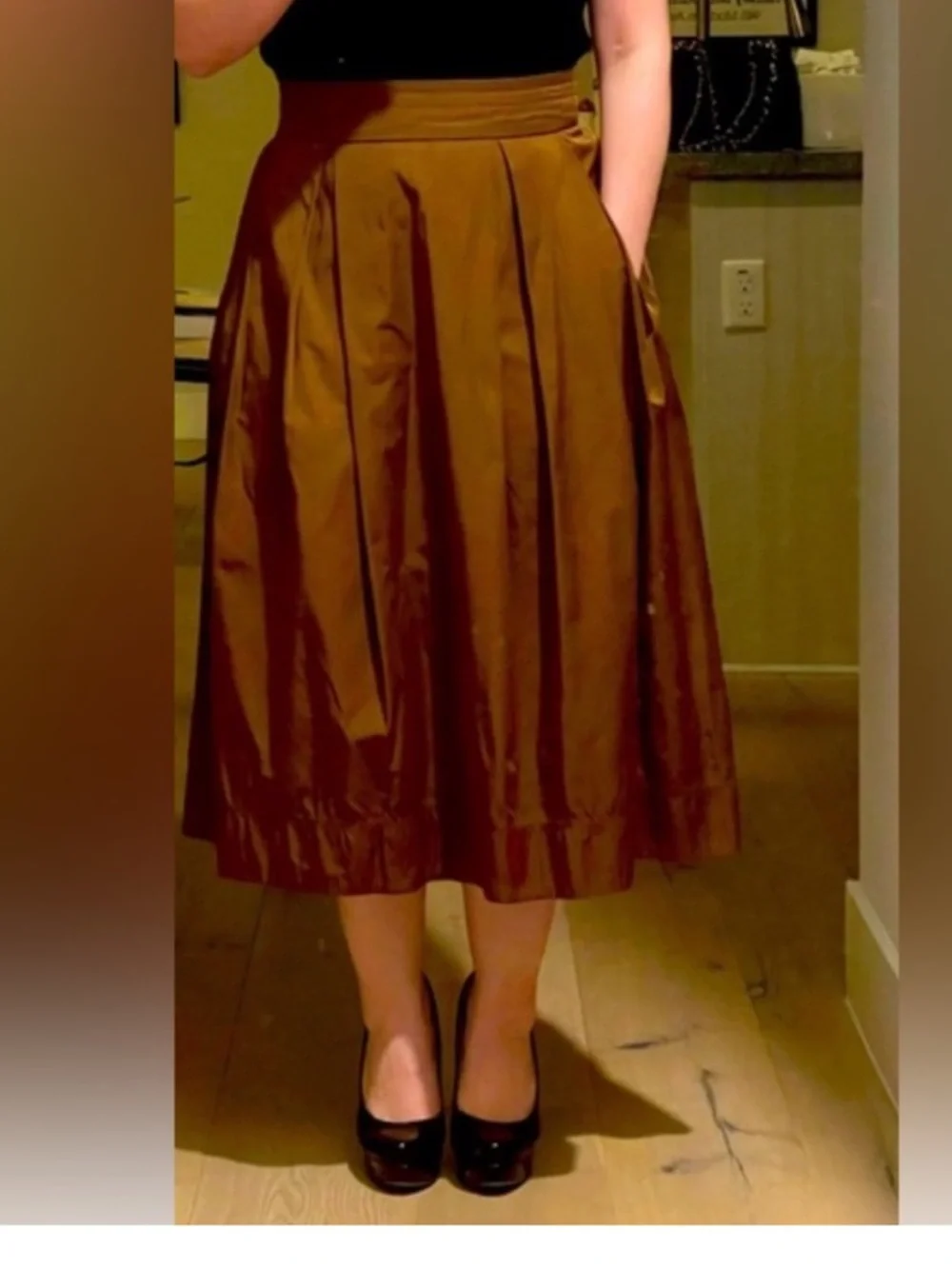 Lisa Baday Elegant A-Line Midi Skirt in Rich Chocolate Brown